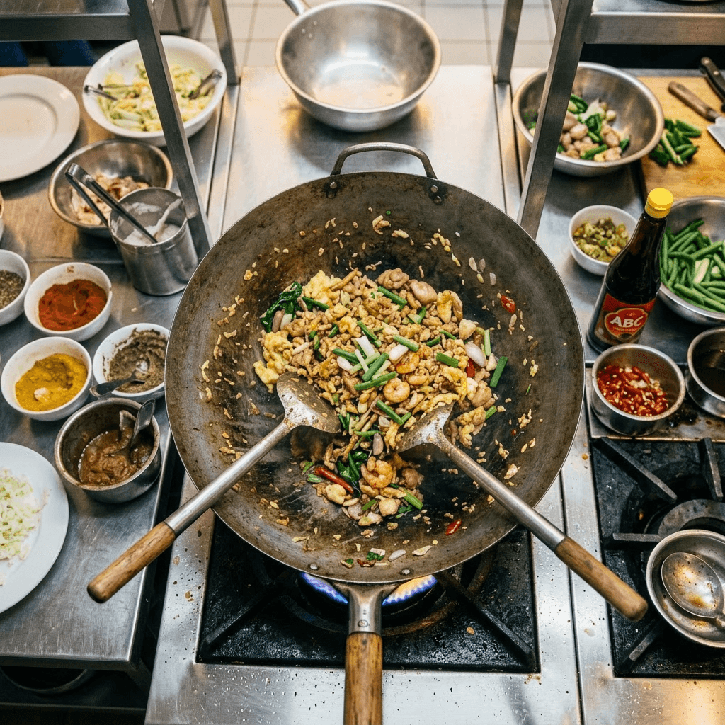 Wok cooking at Indonesian Cafe — stir-fry with eggs, shrimp, and fresh prep on the pass